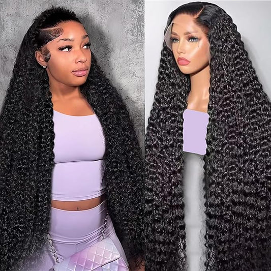 32Inch Deep Wave Lace Front Wigs Human Hair 200% Density 13x6 HD Transparent Deep Curly Lace Front Wigs for Women Pre Plcked Glueless Wigs with Baby Hair