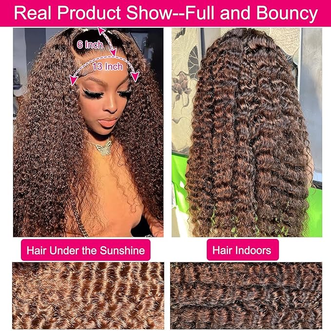 220% Density 13x6 Chocolate Brown Deep Wave Lace Front Wigs Human Hair Pre Plucked Curly Wig Glueless HD Lace Frontal Wet and Wavy Wigs Human Hair for Women 100% Brazilian Virgin Hair 26inch