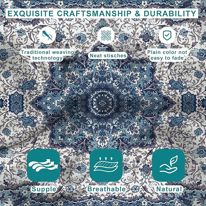 Satin Pillowcase Boho Blue Ethnic Carpet Similar to Silk Pillow Cases for Hair and Skin, 1 Pack Soft Smooth Breathable Cool Pillow Cases, with Hidden Zipper, Room Decor Essentials Queen Size 20" x 30"