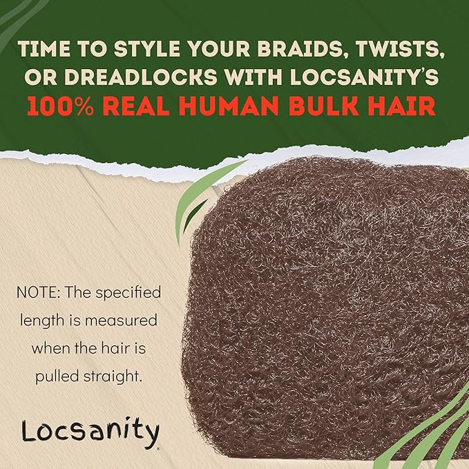 Locsanity Afro Kinky 100% Bulk Natural Human Hair - Braiding Hair for Dreadlocks, Loc Repair, Dreadlock Extensions, Twists, Braids - 8 Inches Long, 1 Oz