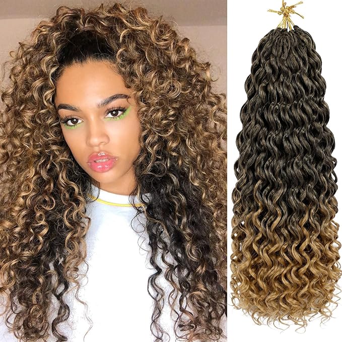 7 Packs GoGo Curl Crochet Hair 18 Inch Long Curly Crochet Hair for Women Beach Curl Water Wave Deep Twist Crochet Braids Synthetic Braiding Hair Extensions (18 Inch, T1B/27)
