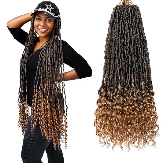 36" Nu Locs Crochet Hair Curly Ends Gradient Brown, Pearl Baseball Cap Wigs for Women Girls Easy Styling