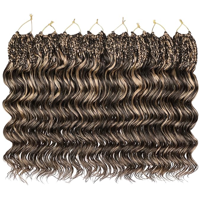 Leeven 10 Inch 8 Packs Short Curly Crochet Hair Pre Looped Boho Ocean Wave Crochet Hair Chocolate Brown Mix Honey Blonde Ocean Braids Pre Twisted Synthetic Deep Wavy Crochet Hair for Women