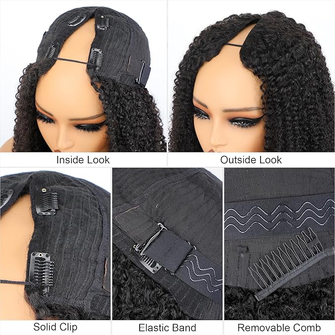 ISEE V Part Human Hair Kinky Curly Minimal/No Leave Out Upgrade U Part Wig for Black Women V Shape Kinky Curly Thin Part Glueless Clip In Half Wig 180% Density Natural Color 22 Inch