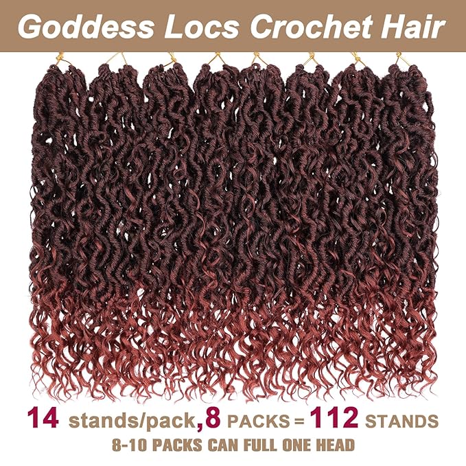 COOKOO Ombre Ginger Goddess Locs 14 Inch 8 Packs Bohemian Faux Crochet Hair for Kids Pre-Looped River Locs With Curly Ends Soft T350#