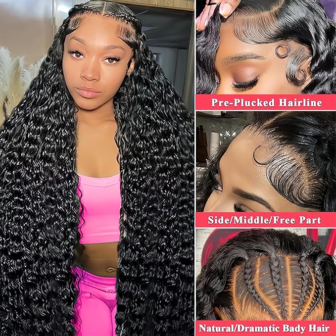 32Inch Deep Wave Lace Front Wigs Human Hair 200% Density 13x6 HD Transparent Deep Curly Lace Front Wigs for Women Pre Plcked Glueless Wigs with Baby Hair