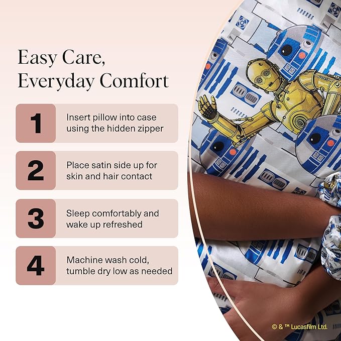 Kitsch x Star Wars R2-D2 & C-3PO Satin Pillowcase | Satin Pillowcase with Zipper, Better Than Silk Pillowcase | Frizz-Reducing Pillow Case for Hair & Skin Care, Cooling & Breathable - Standard