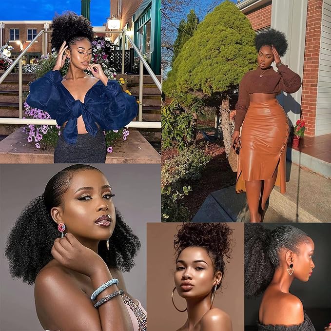 Afro Puff Drawstring Ponytail Bun For Black Women 150% Density 10A Brazilian Virgin Human Hair 4C Afro Kinky Curly Clip In Ponytail Extension Human Hair Pieces 120g Natural Color 10 Inch