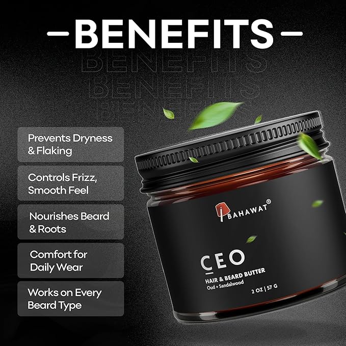BAHAWAT Hair & Beard Butter for Men Leave-in Conditioner - Oud & Sandalwood scent - Strengthen & Soften– Made in USA -Organic Natural Ingredients | The Best Beard Butter - 2 oz.