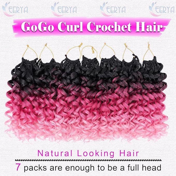 7 Packs GoGo Curl Crochet Hair 10 Inch Short Curly Crochet Hair for Women Deep Wave Beach Curl Crochet Braids Synthetic Braiding Hair Extensions(10 Inch, #T1B/Rose/Pink)