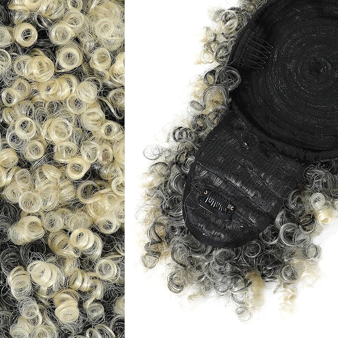 ENTRANCED STYLES Drawstring Ponytail with Bangs - Afro Puff Extensions for Women, Short Curly Clip in Wrap Updo Hairpiece (T1B/613#)