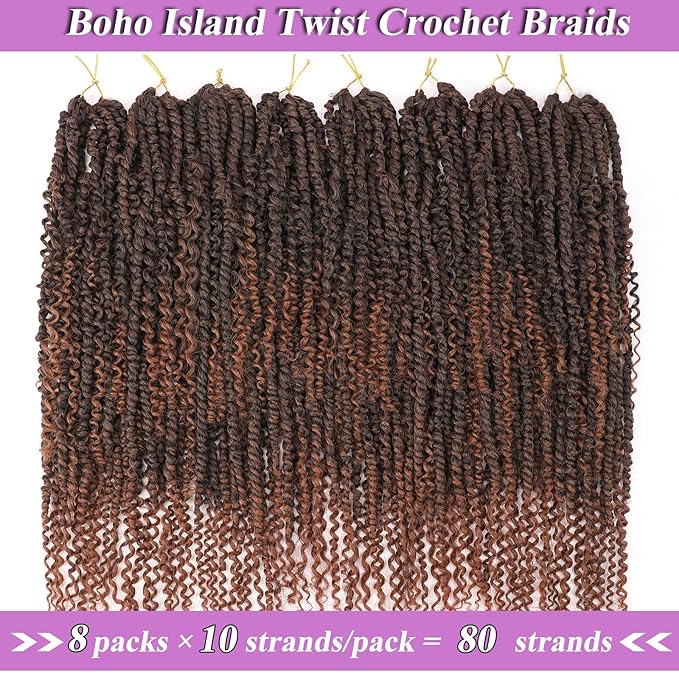 ZRQ Goddess Passion Twist Hair with Curly End 18 Inch Pre Twisted Passion Twist 8 Packs Ombre Brown Pre Looped Long Boho Style Crochet Braids Hair Extensions for Women