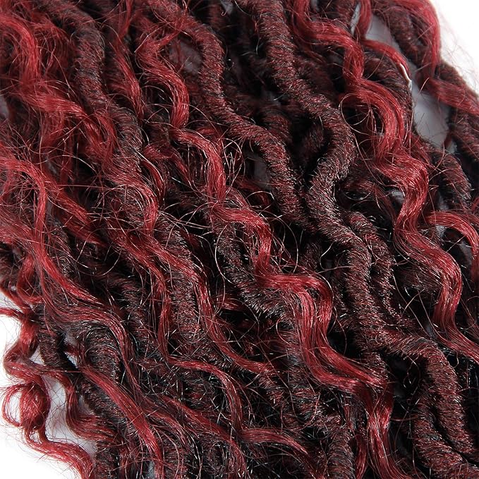Goddess Locs Crochet Hair 18Inch 8Packs Boho Faux Locs,Burgundy Crochet Locs With Curly Ends River Hippie Locs Bohemian Locs Crochet Hair(1B/BUG, 18inch(Pack of 8))