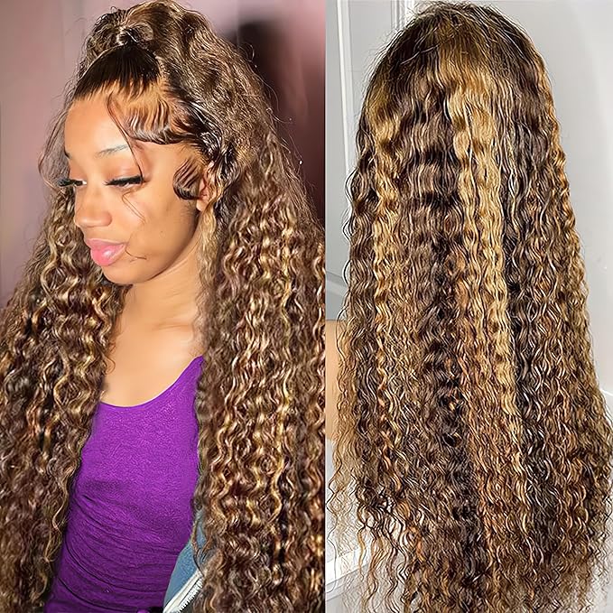 P4/27 Highlight Deep Wave Wig Human Hair 13X6 Highlight Lace Front Wig Human Hair 210% Density Ombre Curly HD Transparent Lace Frontal Wigs Human Hair Wet and Wavy Wig Pre Plucked 22 Inch