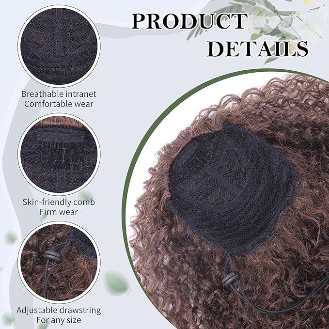 27 Inch Drawstring Ponytail Extension for Black Women Deep Curly Ponytail Extension Synthetic Mixed with Human Hair Hairpieces Afro Kinky Curly Pony Tail for Daily Use (Brown)