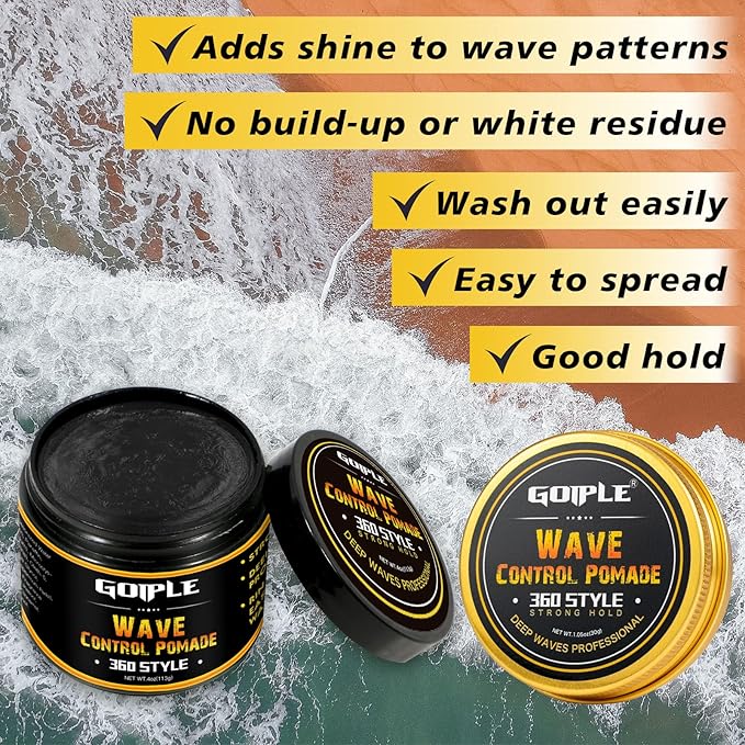 Natural Wave Pomade for Men Strong Hold, Easy Wash 360 Training Hair Cream, Grease Promotes Layered Waves, Moisture, Control and Silky Shine (with Travel Size)