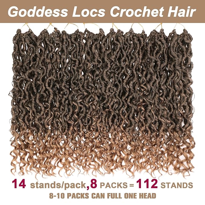 COOKOO 14 Inch Ombre Blonde Curly Crochet Goddess Locs Braids Hair 8 PCS Boho Faux Locs Crochet Hair 14 Strands/Pack Pre-curled Hippie Locs Hair River Locs Synthetic Crochet Braids Hair T27#