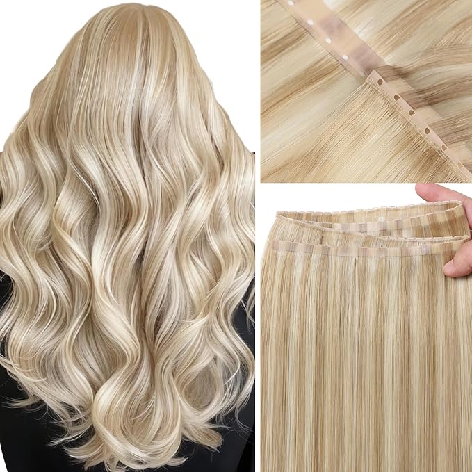 LOXXY Double Layered PU OVO Human Hair Extensions - Bead in Butterfly Weft Hair Extensions - 16 Inch 100g Golden Blonde to Light Blonde, Genius Glueless Extensions Human Hair Weft Width 31.5"(80cm)