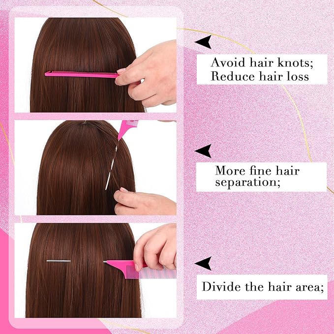 Patelai 30 Pieces Rat Tail Combs Bulk, Hair Teasing Fine Tooth Pintail Combs Braiding Hair Styling Tools with Steel Pin for Stylists Salon Teasing Sectioning Coloring Detangling(Rose Red)