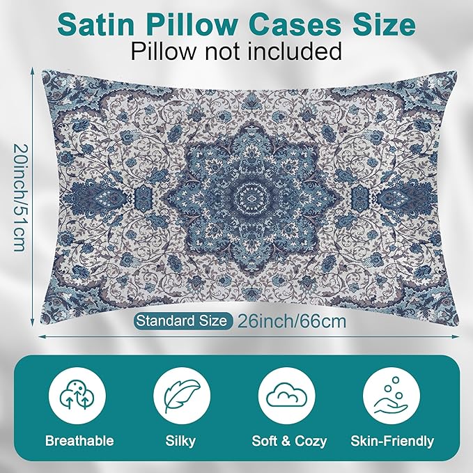 Satin Pillowcase Boho Blue Ethnic Carpet Similar to Silk Pillow Cases for Hair and Skin, 1 Pack Soft Smooth Breathable Cool Pillow Cases, with Hidden Zipper, Standard Size 20" x 26"