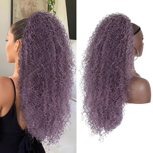 27 Inch Drawstring Ponytail Extension for Black Women Deep Curly Ponytail Extension Synthetic Mixed with Human Hair Hairpieces Afro Kinky Curly Pony Tail for Daily Use (Pink Mixed Grey)