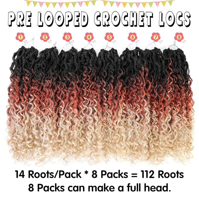 Fulcrum Goddess Locs Crochet Hair 14 Inch, 8 Packs New Faux Locs Crochet Hair for Black Women, Crochet locs with Curly Ends (14Inch (Pack of 8), 1B/30/613#)