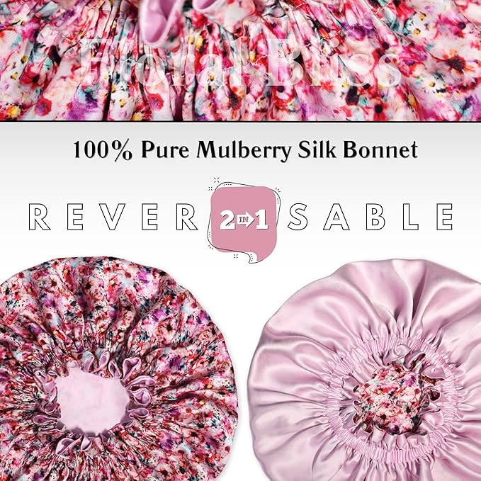 100% Mulberry Silk Bonnet for Women – Handmade in USA, 19 Momme Double-Layer Reversible Hair Wrap, Non-Slip Sleep Cap for Curly & Natural Hair, Luxury Hair Protection (Magical Floral Print)