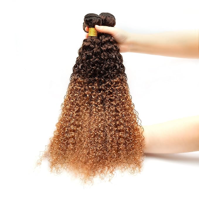 Brazilian Human Hair Bundles Ombre Curly Hair 3 Bundles Brazilian Remy Virgin Human Hair Weave Bundles 100% Unprocessed Kinky Curly Human Hair Extensions T4/30 Medium Brown Hair Bundles(20 22 24)