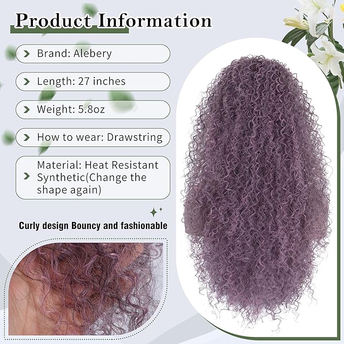 27 Inch Drawstring Ponytail Extension for Black Women Deep Curly Ponytail Extension Synthetic Mixed with Human Hair Hairpieces Afro Kinky Curly Pony Tail for Daily Use (Pink Mixed Grey)