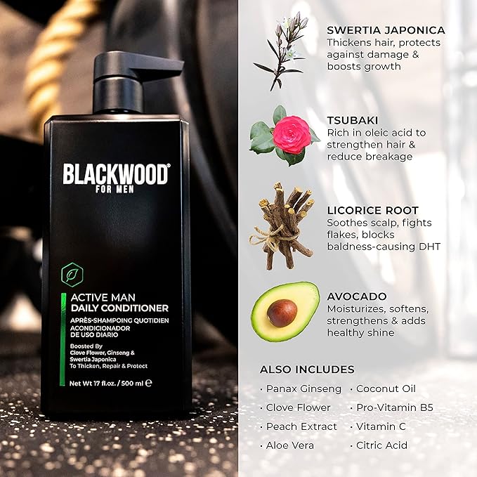BLACKWOOD FOR MEN Active Man Daily Hair Conditioner for Men, Thickening Conditioner, Deep Nourishing Treatment for Shine, Hair Loss & Dandruff - Natural Vegan Formula Sulfate-Free, Paraben-Free,17 oz