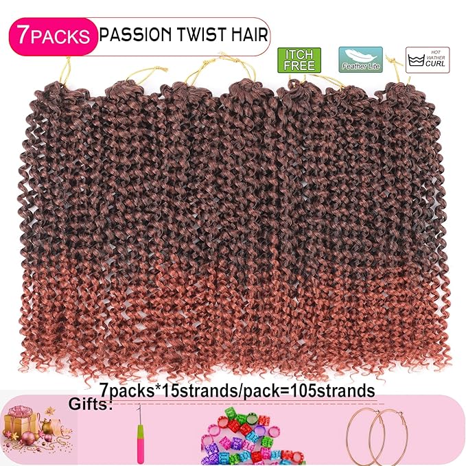 Copper Passion Twist Hair 14 Inch 7 Packs Water Wave Crochet Hair T350# Wrap Braiding Hair For Passion Twist Crochet Hair/Butterfly Locs/Spring Twist Crochet Braids Boho Hair Extension (14 Inch,T350#)