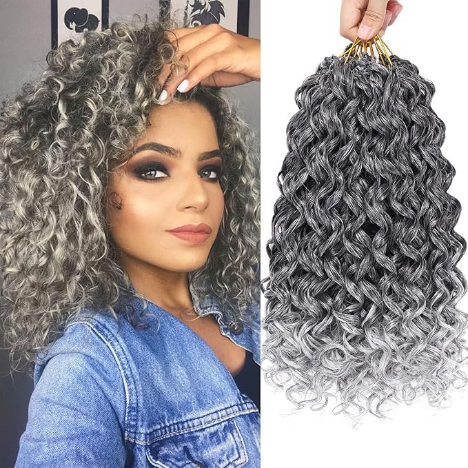 7 Packs GoGo Curl Crochet Hair 14 Inch Short Curly Crochet Hair for Women Beach Curl Water Wave Deep Twist Crochet Braids Synthetic Braiding Hair Extensions (14 Inch, TGRAY)