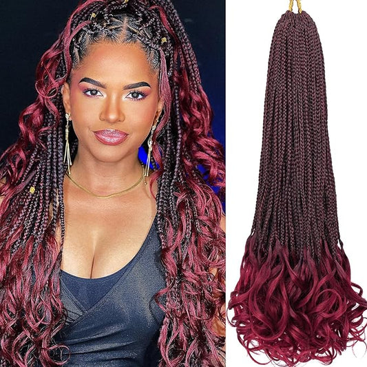 Ombre French Curl Crochet Braids 24 Inch Goddess Box Braids Crochet Hair for Women 8 Packs Burgundy Pre Looped Crochet Box Braid with Curly Ends Synthetic French Curly Braiding Hair Extensions 1B/BUG