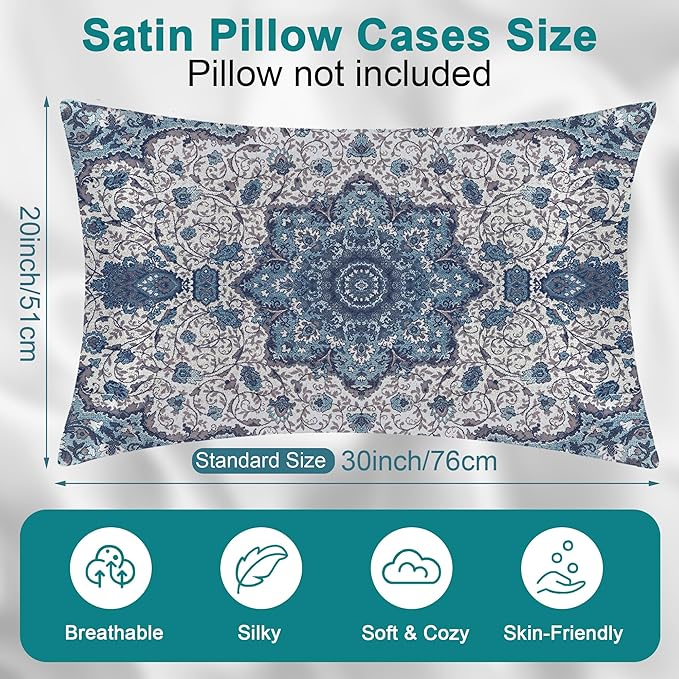 Satin Pillowcase Boho Blue Ethnic Carpet Similar to Silk Pillow Cases for Hair and Skin, 1 Pack Soft Smooth Breathable Cool Pillow Cases, with Hidden Zipper, Room Decor Essentials Queen Size 20" x 30"