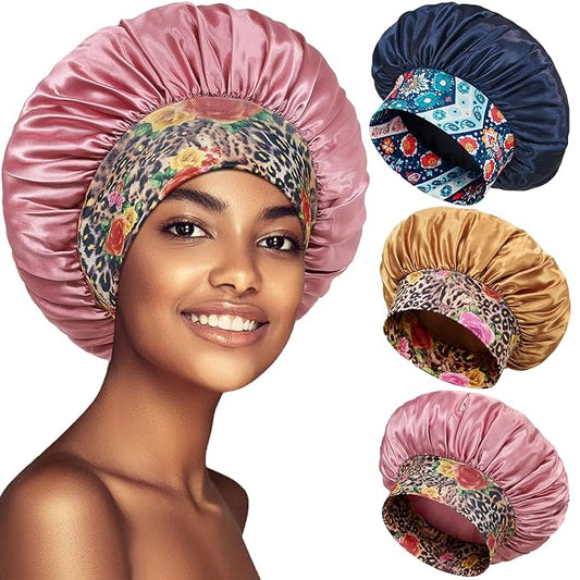 3 Pack Satin Bonnet Silk Hair Bonnet for Sleeping, Sleep Bonnets for Women Large Wide Soft Band Sleep Cap for Curly Hair Braids