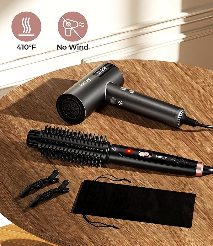 Farery 1.5 Inch Thermal Brush, Curling Iron for Smooth Bouncy Curls – Anti-Scald Hard Bristles, Lightweight, One-Button Start, Dual Voltage Travel Hair Tool with 360° Swivel Cord, 410°F Fast Heat
