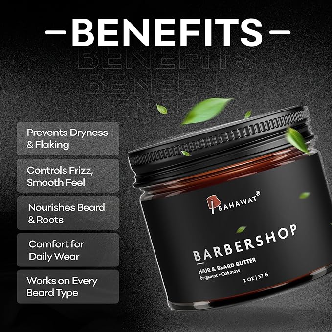 BAHAWAT Hair & Beard Butter for Men Leave-in Conditioner - Barbershop scent - Strengthen & Soften– Made in USA -Organic Natural Ingredients | The Best Beard Butter - 2 oz.