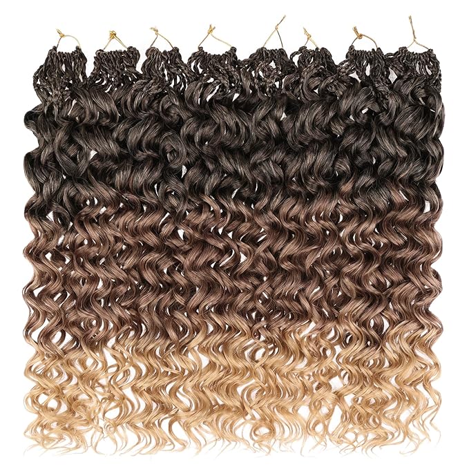 Leeven Gogo Curl Crochet Hair 18 Inch 8 Packs Ombre Brown to Honey Blonde Ocean Wave Crochet Hair Pre Looped Deep Twist Goddess Box Braids Short Curly Water Wave Synthetic Hair for Women Girl Kids