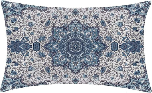 Satin Pillowcase Boho Blue Ethnic Carpet Similar to Silk Pillow Cases for Hair and Skin, 1 Pack Soft Smooth Breathable Cool Pillow Cases, with Hidden Zipper, Standard Size 20" x 26"