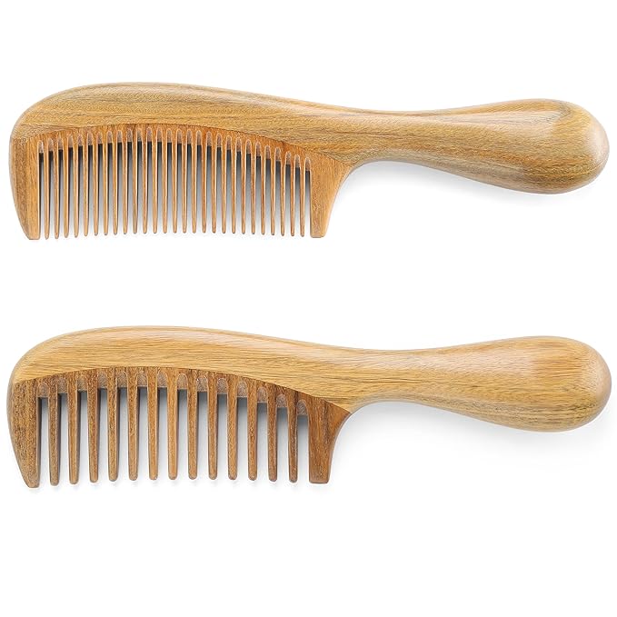Onedor Handmade Sandalwood Hair Combs Set - Anti-Static Scented Wooden Wide Tooth and Fine Tooth Combs for Natural Hair Detangling