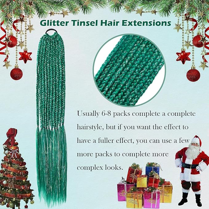 Sparkling Green Pre Stretched Braiding Hair 30 Inch Glitter Box Braid Hair Extensions Shinny 3 Packs Yaki Texture Pre Feathered Festival Braids Hair