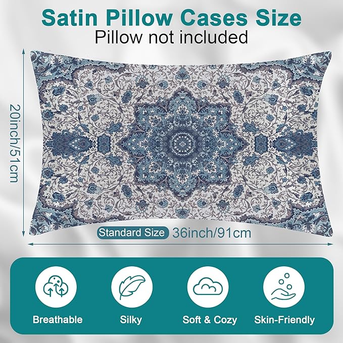 Satin Pillowcase Boho Blue Ethnic Carpet Similar to Silk Pillow Cases for Hair and Skin, 1 Pack Soft Smooth Breathable Cool Pillow Cases, with Hidden Zipper, Room Decor Essentials King Size 20" x 36"