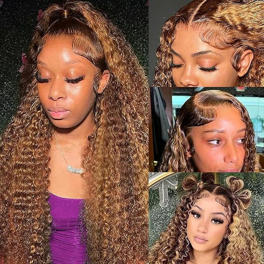 210% Density 13x6 Ombre Blond Lace Front Wig 4/27 Highlight Deep Wave Lace Front Wigs Human Hair Pre Plucked with Baby Hair Deep Curly Glueless Wigs for Women 24 Inch