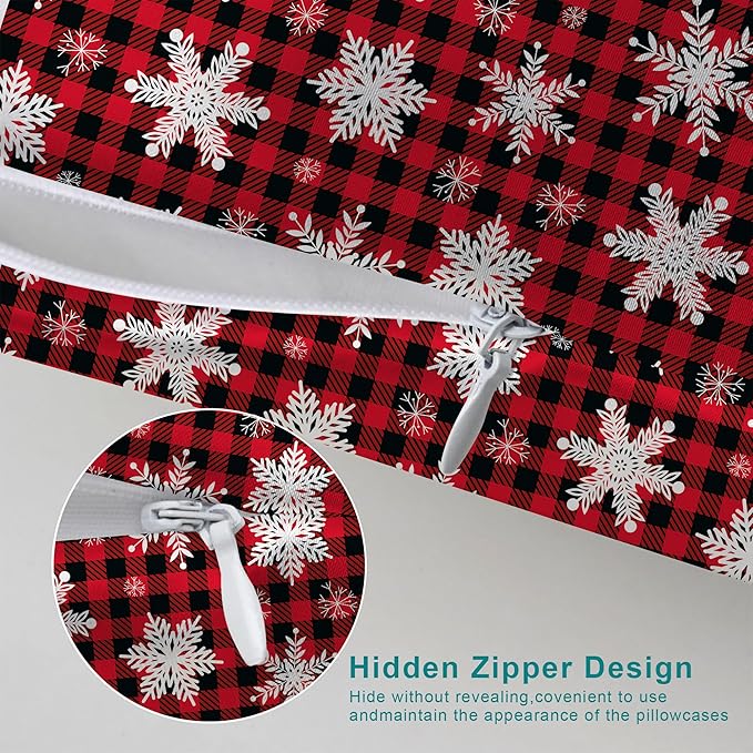 1 Pack Christmas Snowflakes Satin Pillowcase Red Christmas Plaid Similar to Silk Pillow Cases for Hair and Skin, Soft Smooth Breathable Cool Pillow Cases, with Hidden Zipper Standard Size 20" x 26"