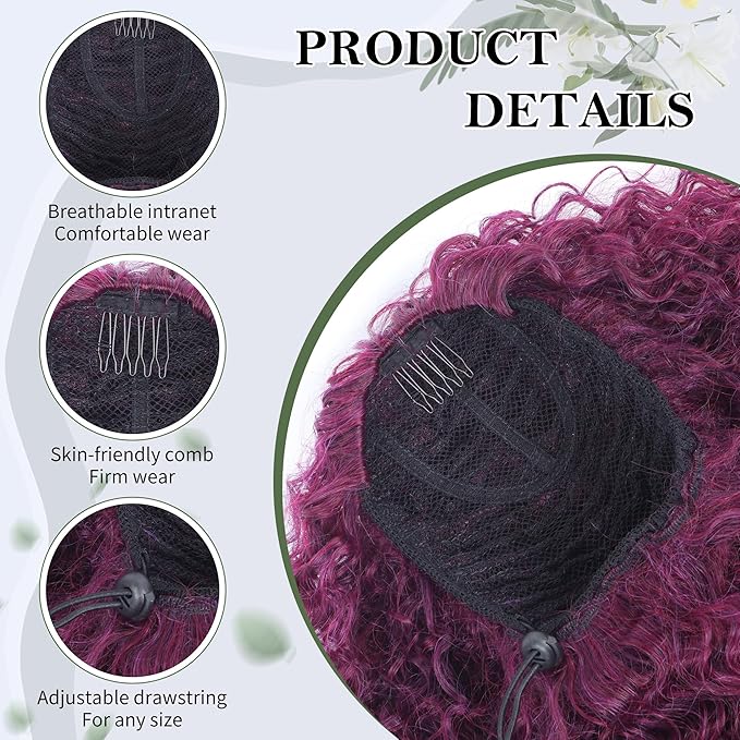 27 Inch Drawstring Ponytail Extension for Black Women Deep Curly Ponytail Extension Synthetic Mixed with Human Hair Hairpieces Afro Kinky Curly Pony Tail for Daily Use (Purple Mixed Red)