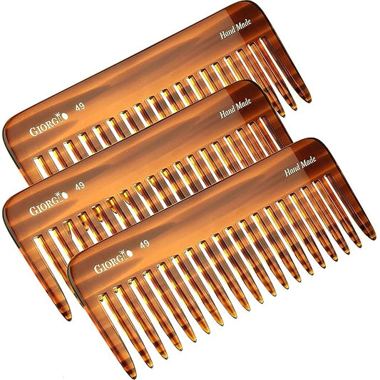 Giorgio G49 Large 5.75 Inch Hair Detangling Comb, Wide Teeth for Thick Curly Wavy Hair. Long Hairs Detangler Comb For Wet and Dry. Handmade of Cellulose, Saw-Cut, Hand Polished, Tortoise Shell 3 Pack